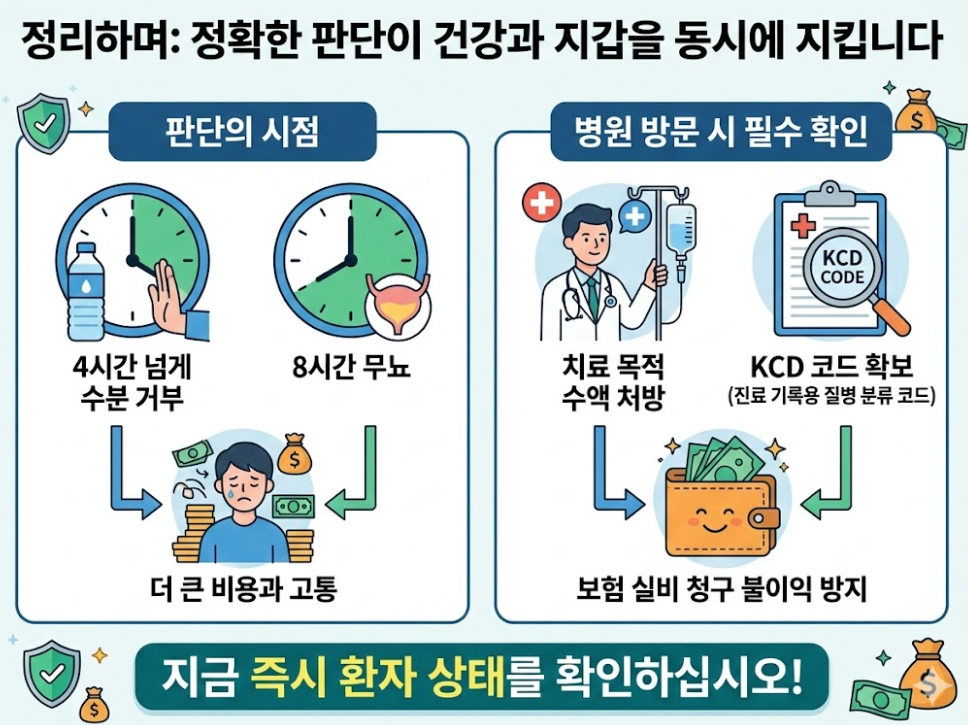 응급실 방문 판단 시점과 치료 목적 수액 처방, KCD 코드 확보의 중요성 요약