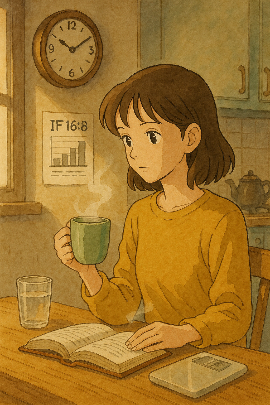 따뜻한 물을 마시며 조용히 책을 읽는 사람