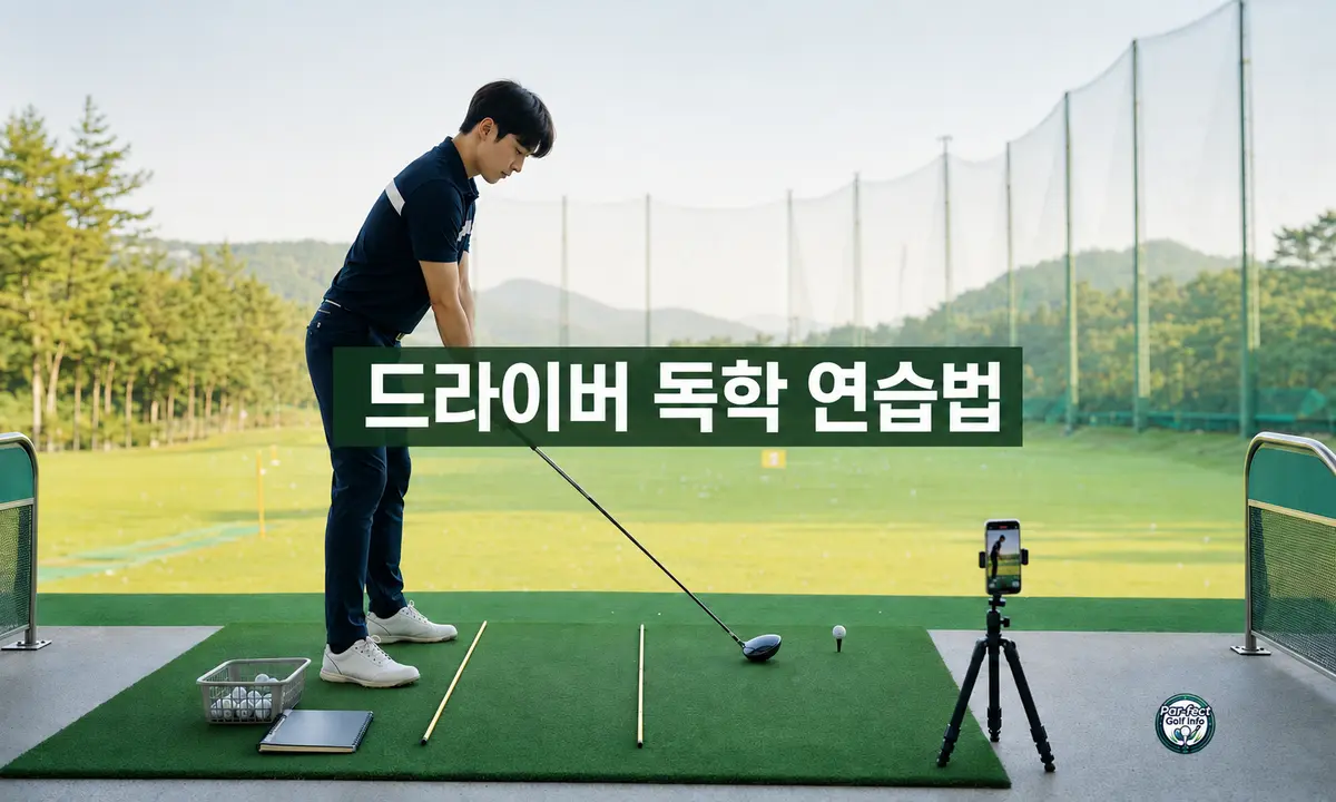 골프 연습장에서 정렬 스틱과 스마트폰을 활용해 드라이버를 독학으로 연습하는 초보 골퍼
