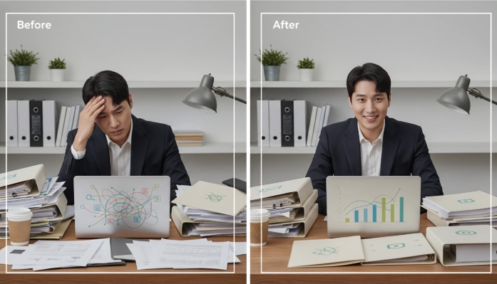 긴급복지 현장조사 준비 전 혼란스러운 모습과 준비 후 정돈되고 차분한 모습의 한국인 비교 이미지.