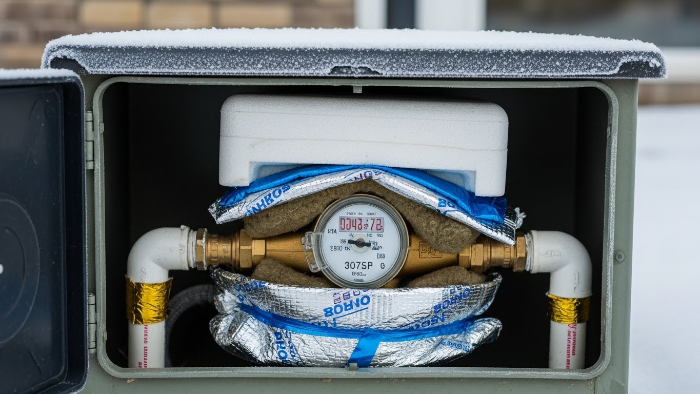 한파에 대비해 보온재로 꼼꼼하게 감싸진 수도계량기와 동파 방지 조치