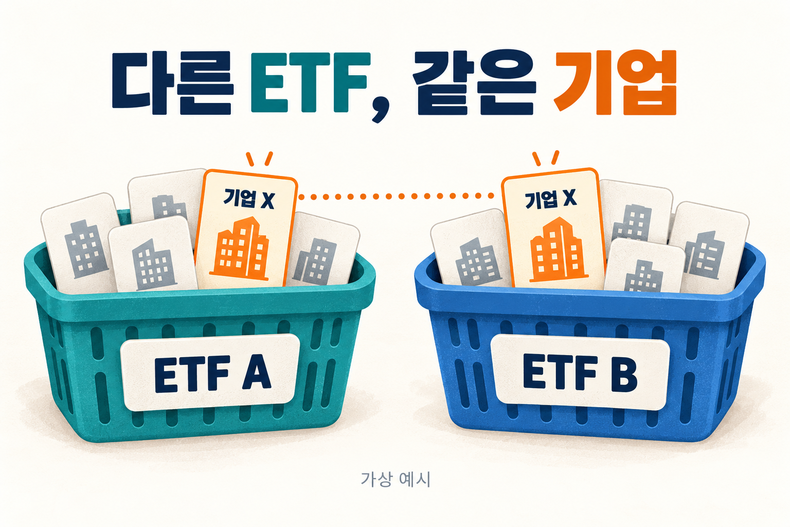 서로 다른 ETF A와 ETF B 바구니에 같은 기업 X가 포함된 가상 중복보유 개념도. 이해를 돕기 위한 AI 생성 개념도