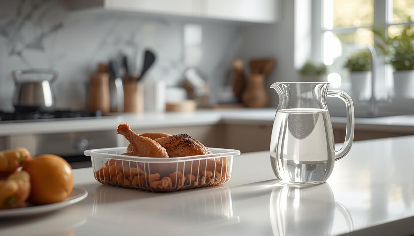 건강한 음식 재가열을 위한 깨끗한 주방 환경과 유리 용기