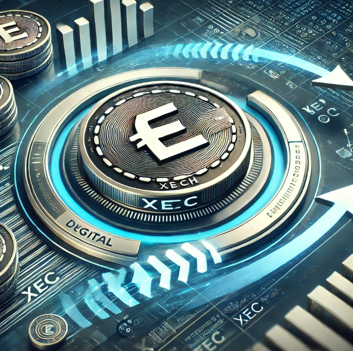 이캐시(XEC) 로고와 함께 디지털 결제를 상징하는 그래픽. 동전 모양의 XEC 로고 주변으로 빠른 거래를 나타내는 화살표들이 원을 그리며 회전하는 모습