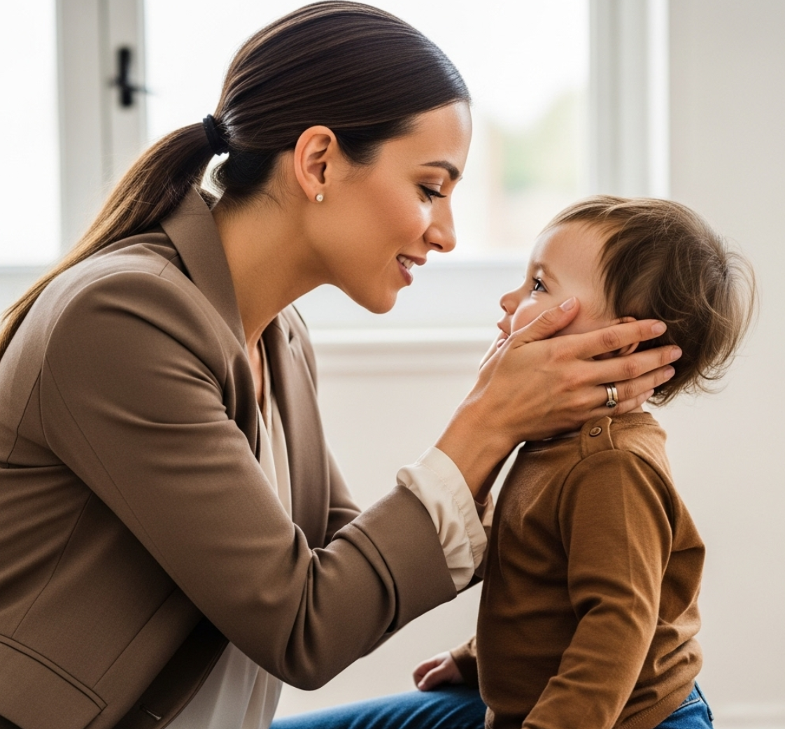 엄마가 퇴근후에 아기 볼을 감싸며 사랑스럽게 바라보는 사진