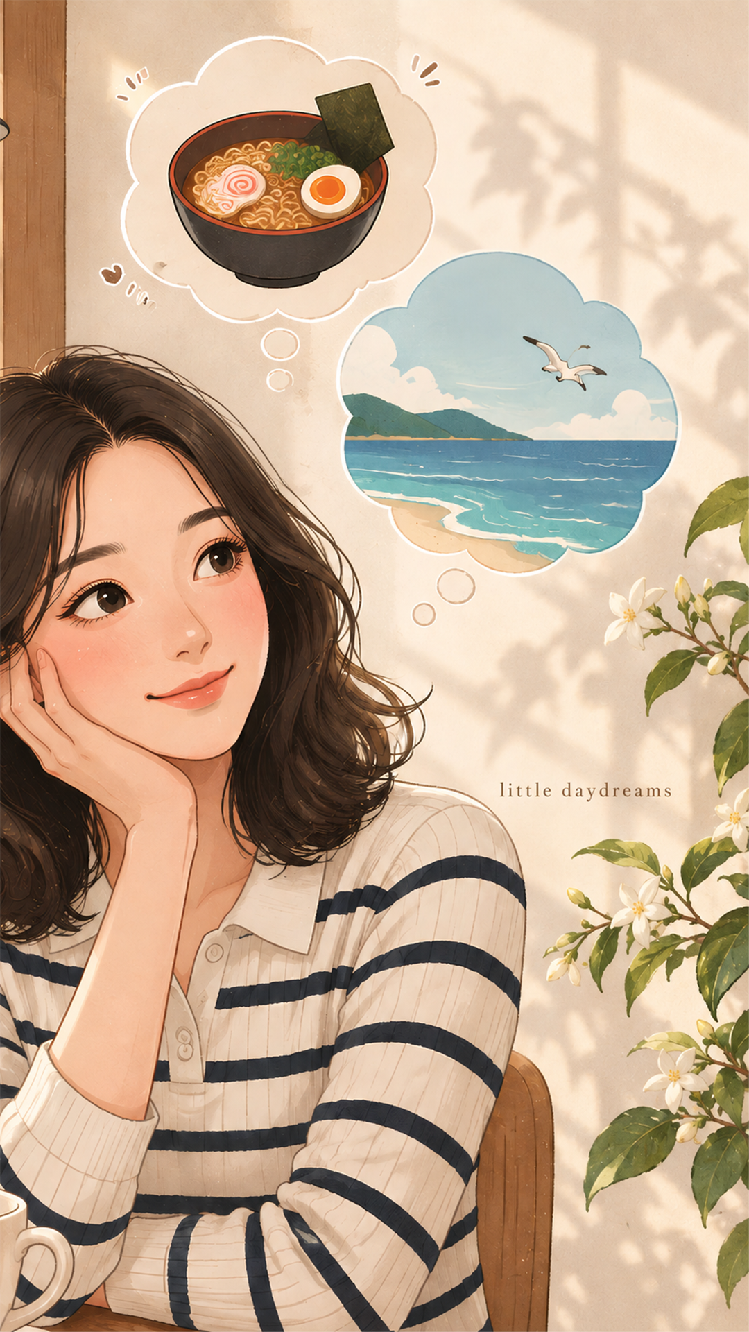 턱을 괴고 바다와 식사를 상상하는 여성 감성 휴대폰 배경화면