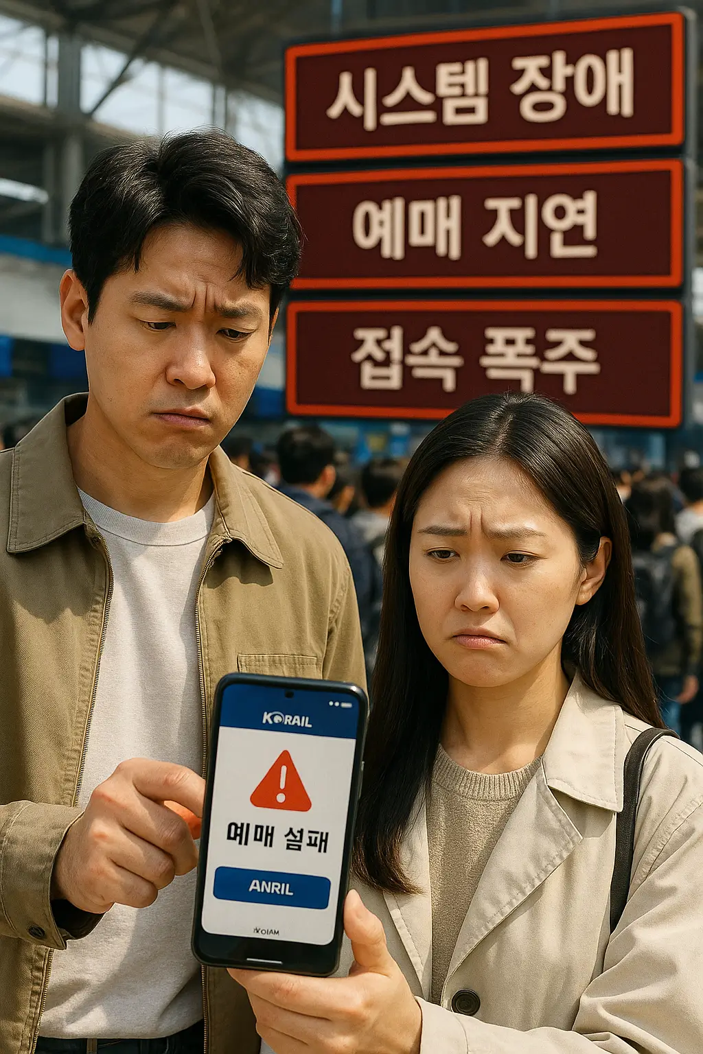 <img src="썸네일이미지경로.webp" alt="코레일 예매 실패로 답답해하는 남녀, 시스템 장애·예매 지연·접속 폭주 안내판이 보이는 기차역 풍경" />