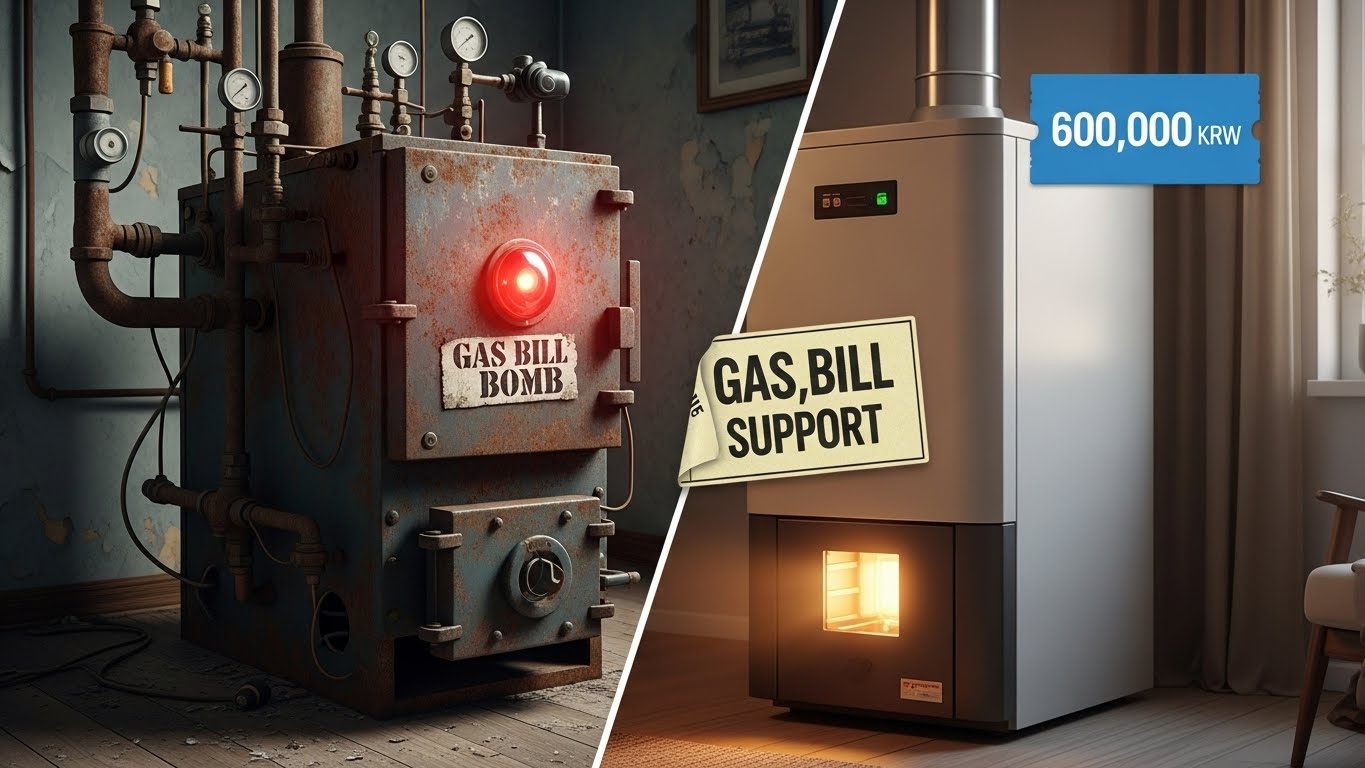 낡고 가스비 많이 나오는 보일러가 60만 원 지원금을 받고 반짝이는 새 보일러로 변신하여 집안 온도를 높이는 모습