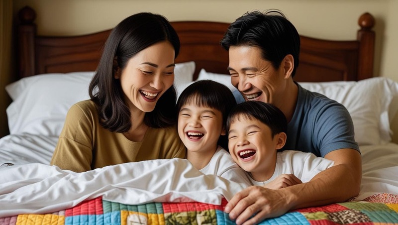 가족이 함께 침대 위에서 웃고 있는 행복한 아침 풍경, 부모와 두 아이가 따뜻한 분위기 속에서 교감을 나누는 모습