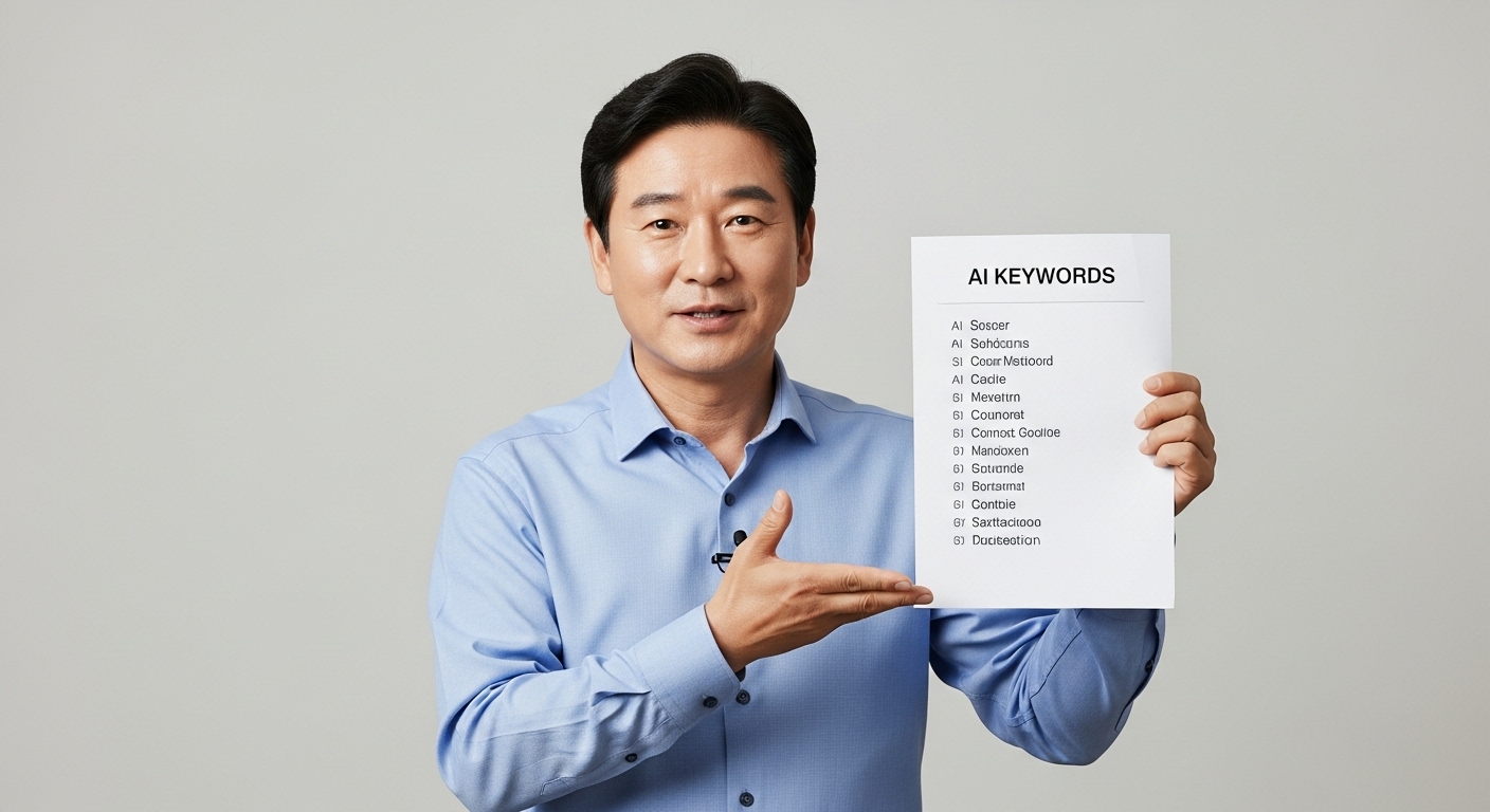 50대 남성이 카메라 앞에서 AI 키워드 리스트 설명 중인 모습