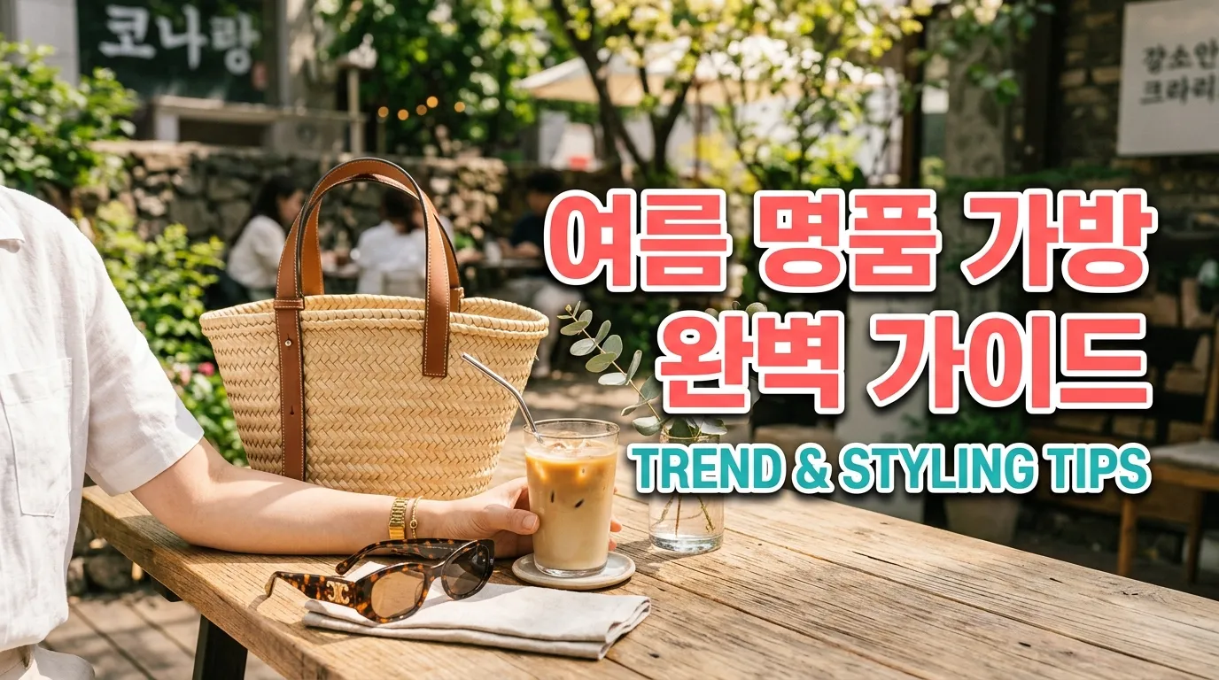 카페 테이블 위 여름 명품 가방과 선글라스