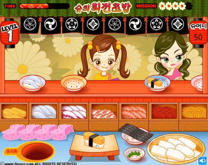 슈의-회전초밥-만들기-플래시게임-플레이-접시위에-계란-초밥을-만드는-화면