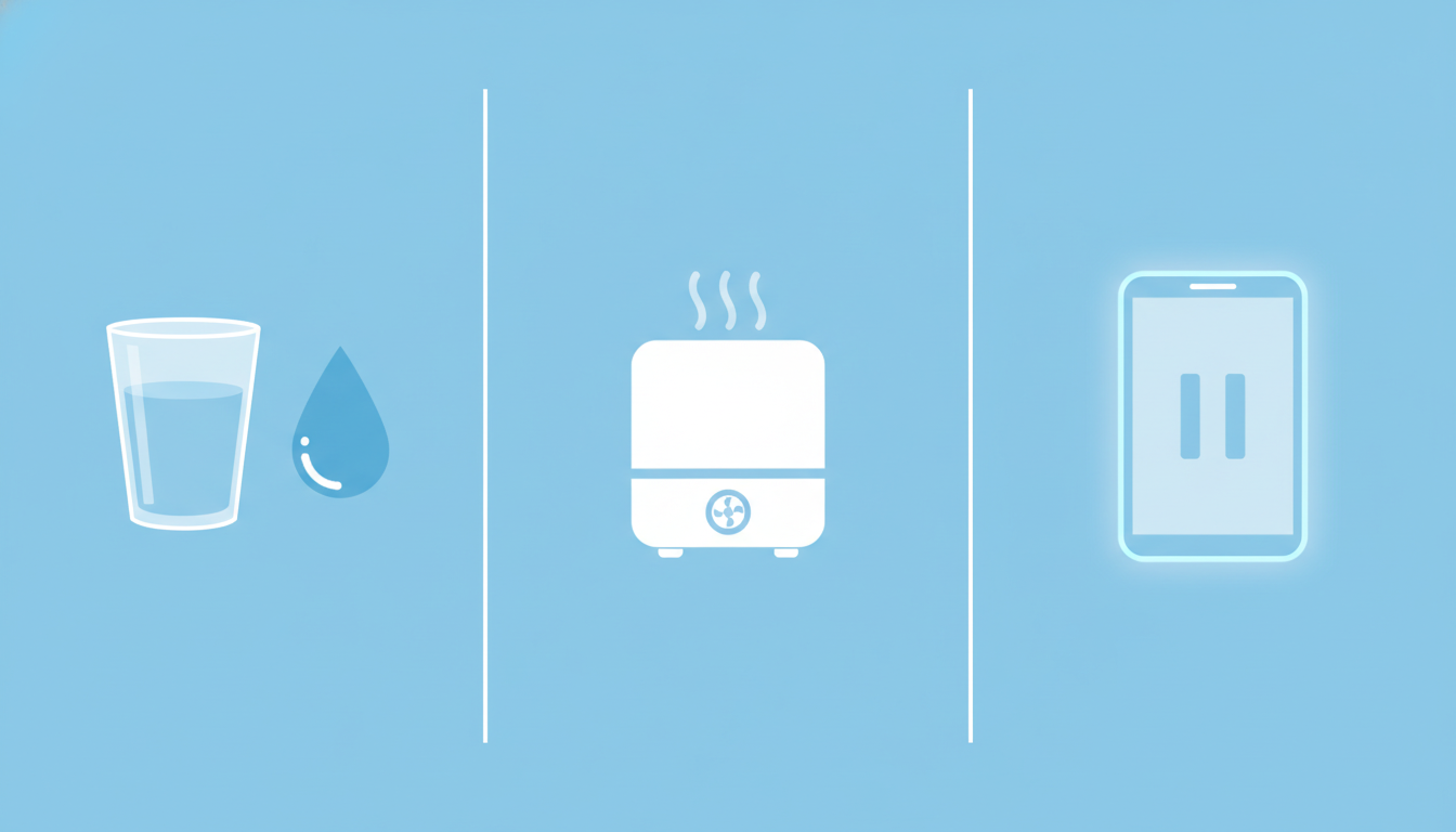 왼쪽에는 물 한 잔과 물방울 아이콘으로 수분 섭취를, 가운데에는 가습기 아이콘으로 실내 습도 유지를, 오른쪽에는 화면 위 '정지' 아이콘으로 디지털 기기 사용 자제를 표현한 벡터 아트. 안구건조증 예방을 위한 생활습관을 보여줍니다.