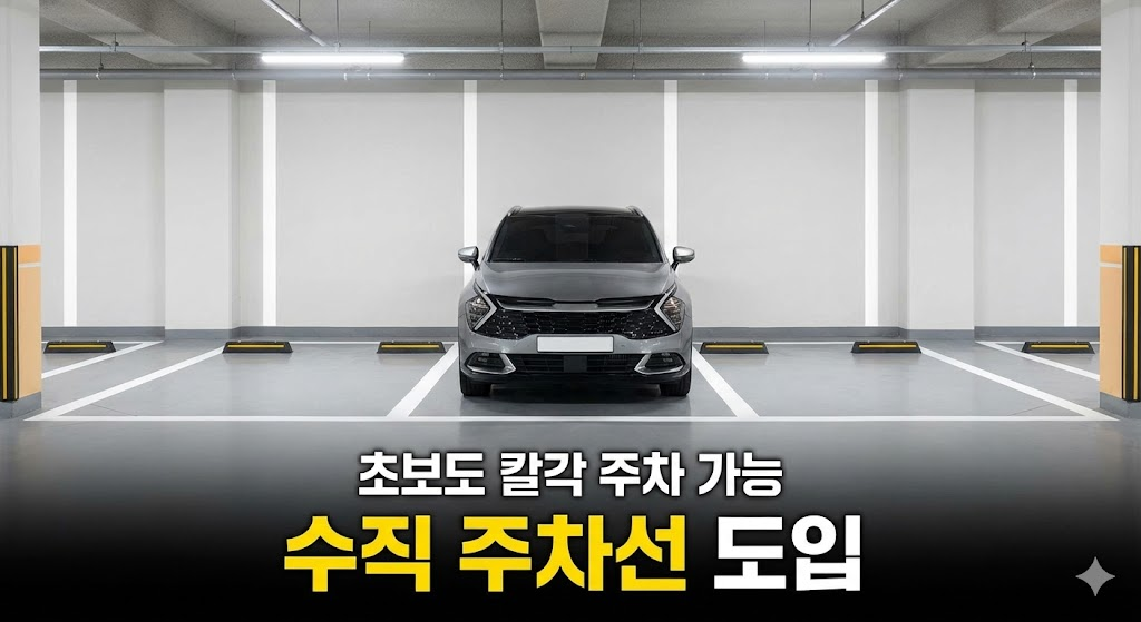 주차장 바닥 선이 벽면까지 이어져 있는 수직 주차선 모습라인이 잘 보이도록 밝게 보정