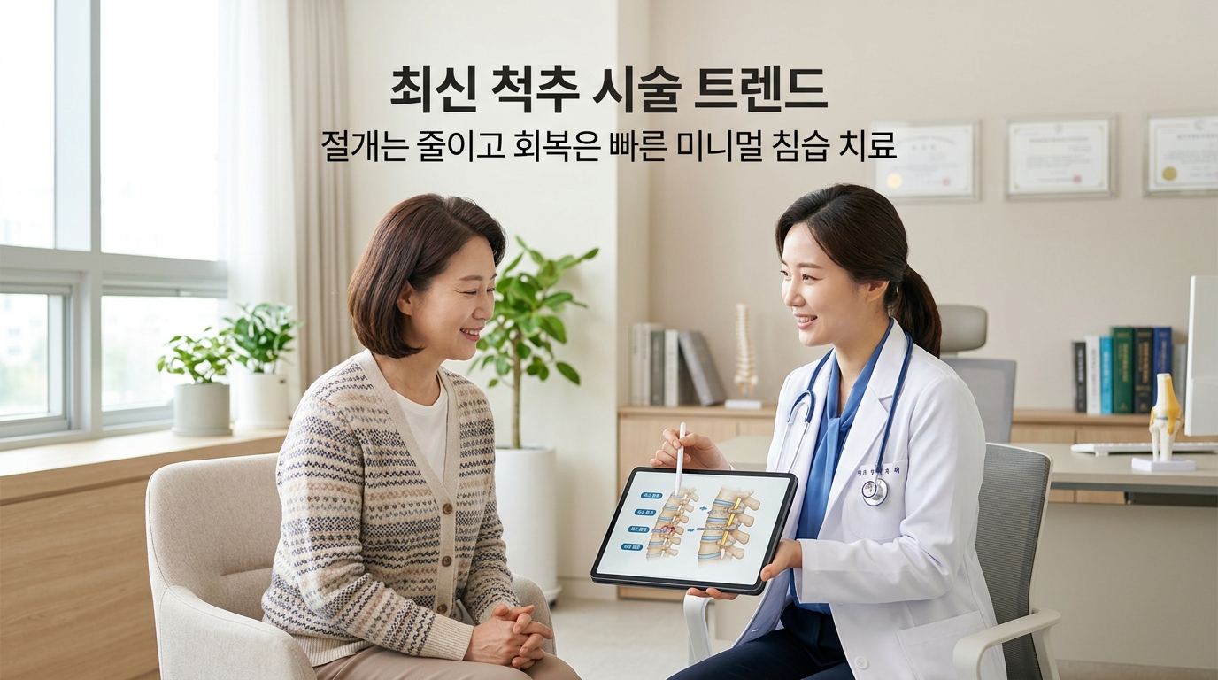 햇살이 은은하게 비치는 아늑하고 신뢰감 주는 진료실에서 의사와 환자가 척추 모형을 보며 프롤로 인대 강화 주사와 재생 치료에 대해 따뜻하게 이야기 나누고 있는 모습. '프롤로 주사와 재생 치료', '허리 인대 강화 주사의 실제 효과와 주의사항'이라는 문구가 적혀 있어, 자가 치유를 돕는 최신 재생 의학의 중요성을 시각화함.
