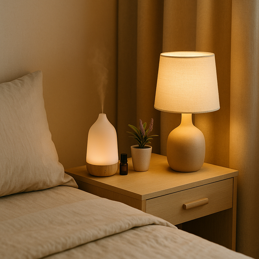 협탁 위 라벤더 디퓨저와 부드러운 조명이 있는 평온한 침실