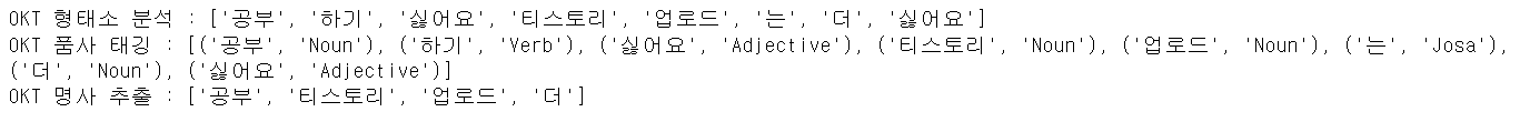 OKT 형태소 분석기를 사용해 텍스트 토큰화를 진행한 결과
