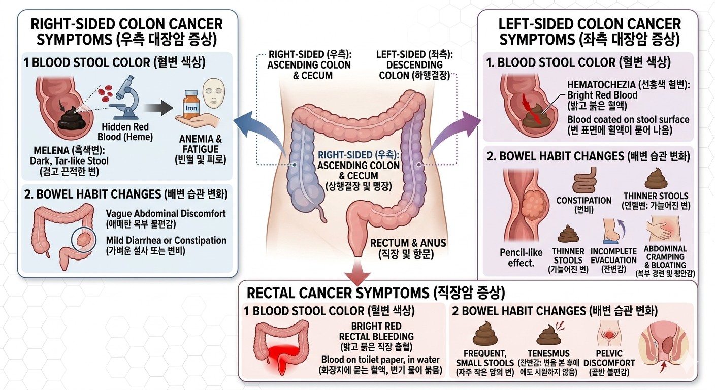 - 중앙 도식: 전체 대장(상행결장, 하행결장, 직장)
- 우측 대장암 증상 (왼쪽 파란색 박스): 상행결장(우측)에서 발생하는 암은 **흑색변(Melena)**으로 나타남
- 좌측 대장암 증상 (오른쪽 보라색 박스): 하행결장(좌측)에서 발생하는 암은 선홍색 혈변, 연필변 현상이 특징적이며, 복부 팽만감과 복통이 동반될 수 있슴.
- 직장암 증상 (하단 붉은색 박스): 항문 바로 위에 위치한 직장에서 발생하는 암은 밝고 붉은 직장 출혈로 나타남. 잔변감(Tenesmus), 잦은 설사 또는 변비, 골반 불편감이 발생함.