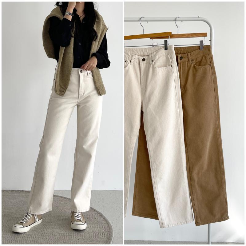 크림진 화이트데님 가을 겨울 면 기모팬츠 슬림 일자 아이보리 베이지 팬츠