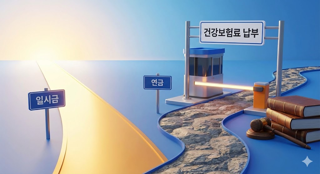 '일시금'이라는 통로에는 건보료 검문소가 없지만, '연금'이라는 통로에는 커다란 건보료 검문소가 서 있는 풍자적인 삽화