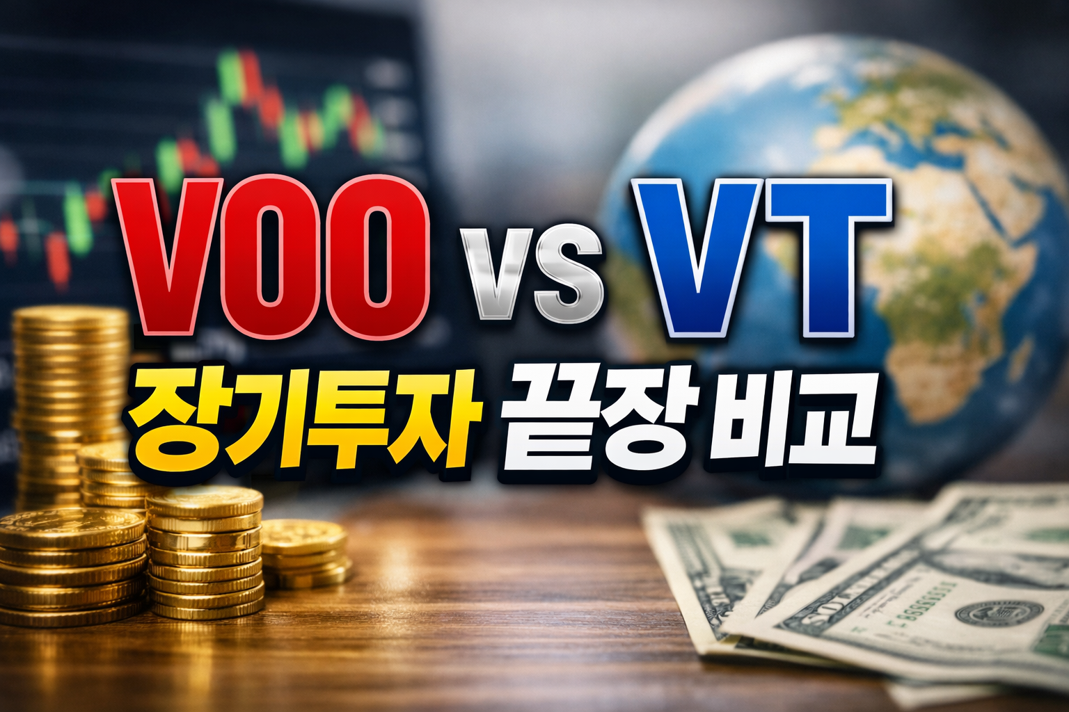 VOO vs VT 장기투자 끝장 비교 썸네일, 금화와 달러, 지구본 배경으로 미국 집중형 ETF와 글로벌 분산형 ETF를 비교한 이미지