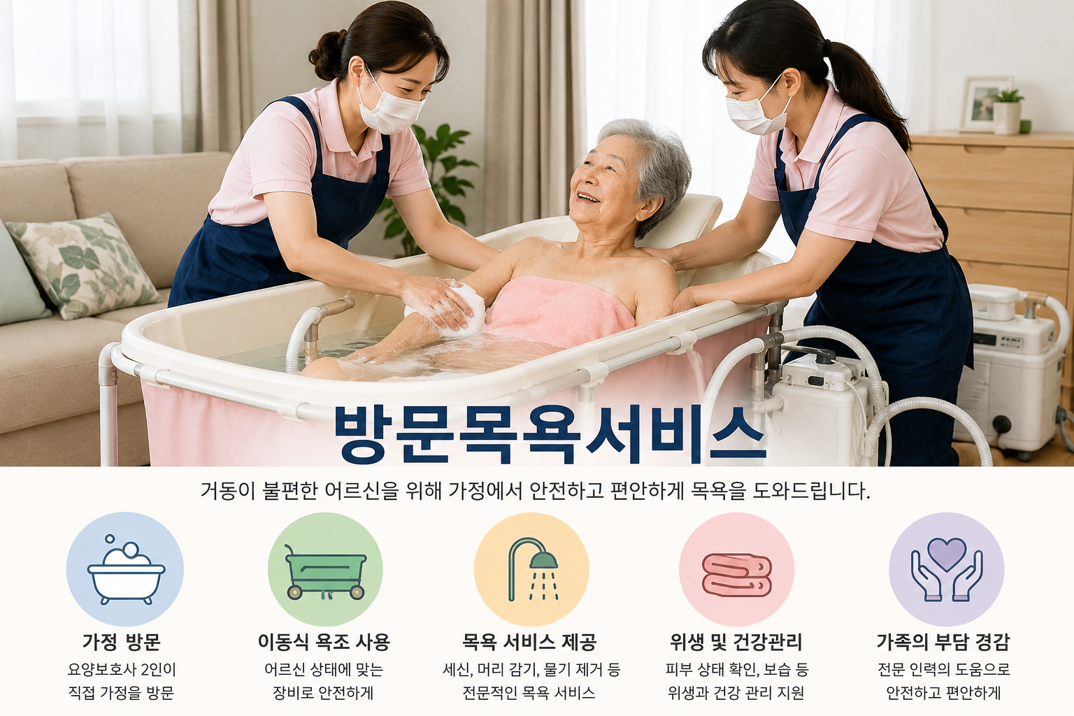 요양보호사가 가정을 방문해 거동이 불편한 어르신의 목욕을 돕는 방문목욕서비스