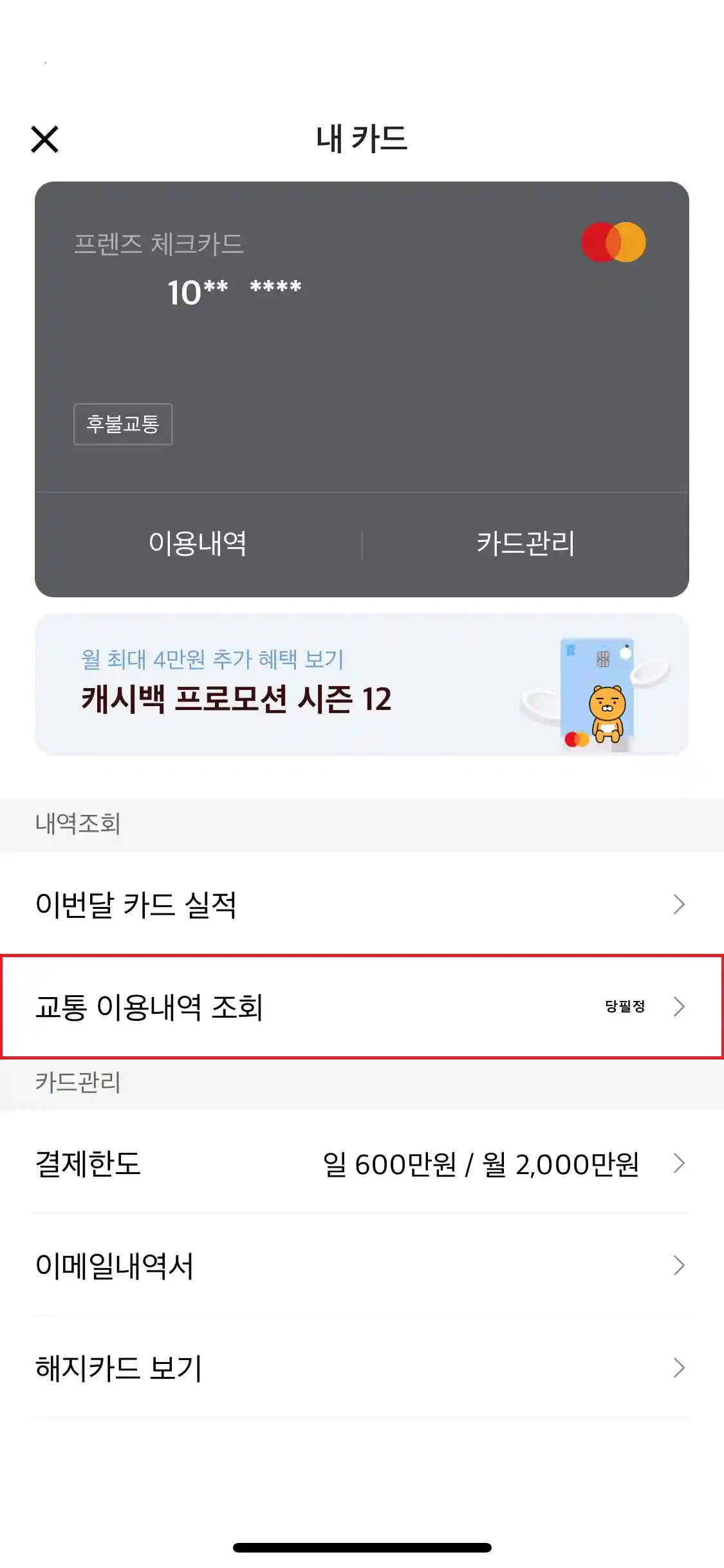카카오뱅크 후불교통카드 결제일 연체