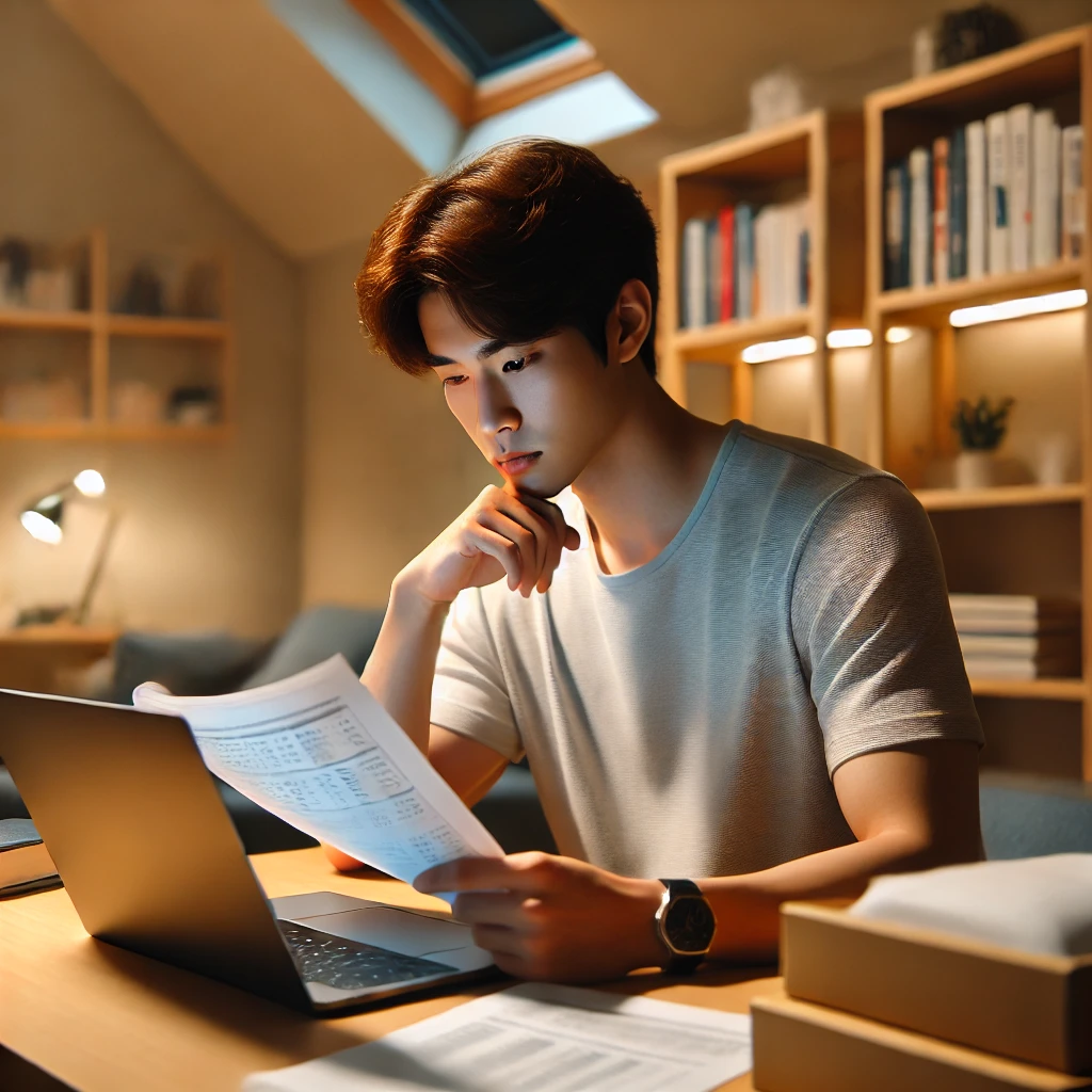 공부방에서 시험 문제를 풀며 집중하고 있는 젊은 남성