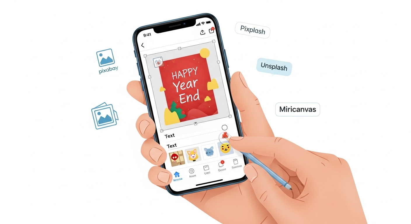 스마트폰으로 무료 연말 인사 이미지를 찾고 편집 앱으로 메시지를 추가하는 과정을 보여주는 그림.