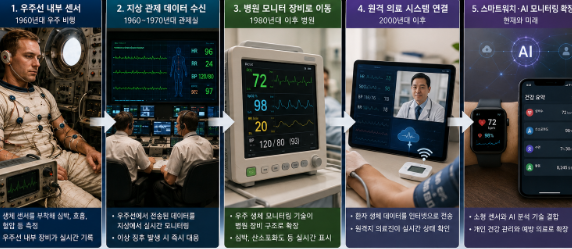 1960년대 우주선 생체 센서부터 병원 모니터와 원격 의료 시스템, 스마트 워치 건강 관리까지 이어지는 의료 기술 이동 흐름