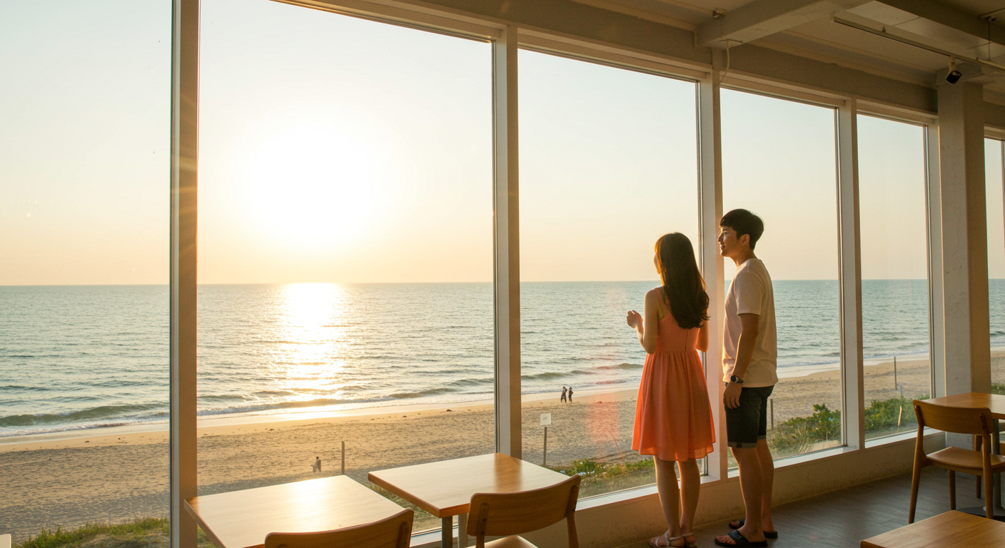 삼척해수욕장 오션뷰 카페에서 한국인 연인이 바다를 바라보는 모습