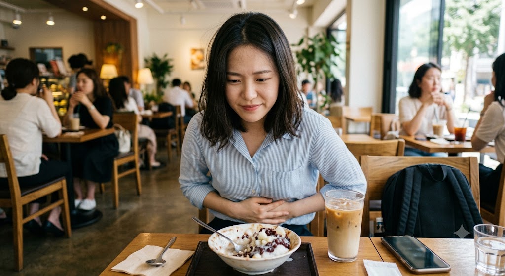 차가운 음식을 먹고 배가 아파하는 여자 이미지