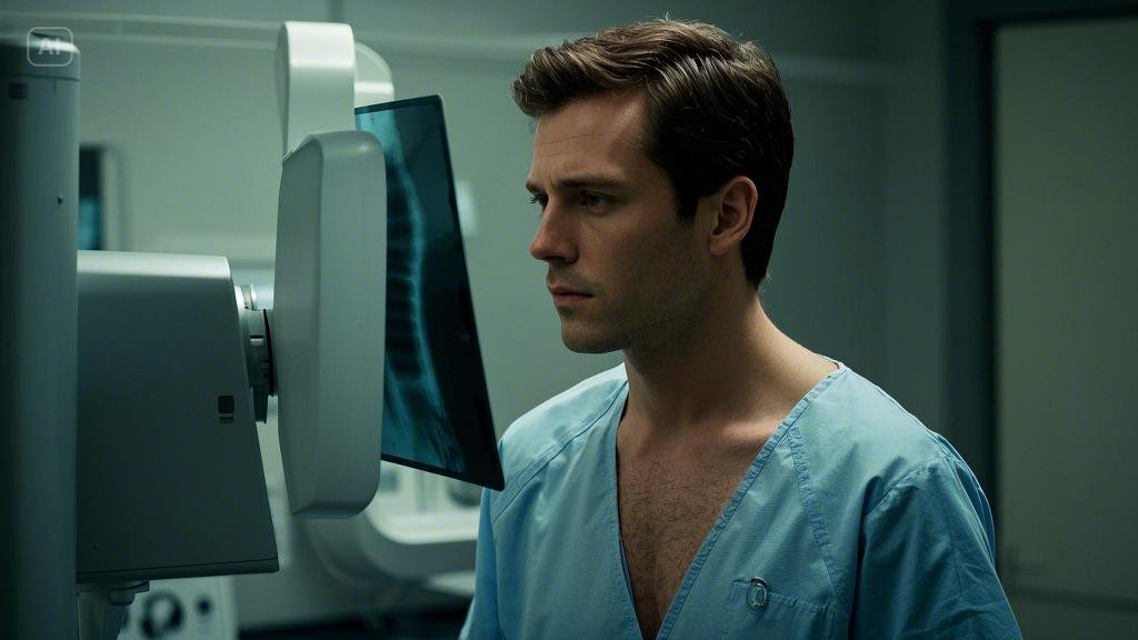 A handsome man is examining himself with an X-ray machine.