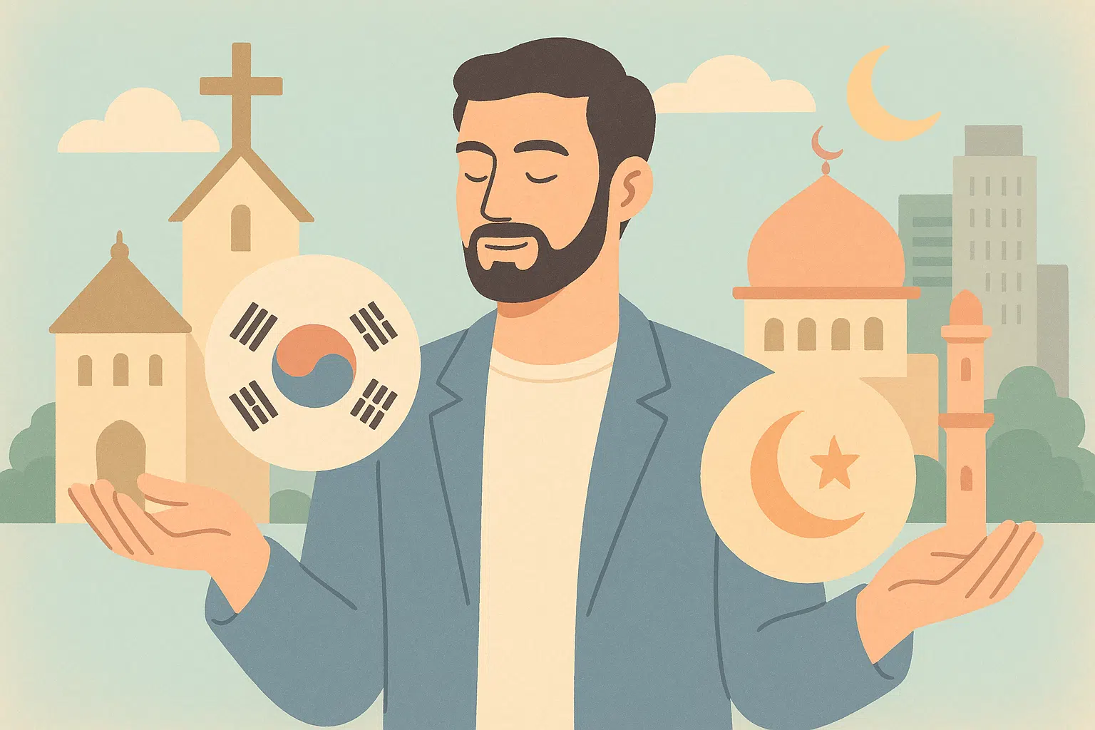 서양·한국·중동 문화권의 상징을 조합한 그림, 전통·종교·현대 사회의 균형