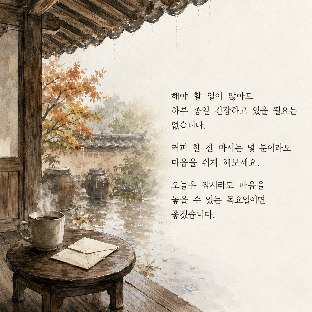 커피 한 잔과 함께 마음을 쉬게 하라는 목요일 인사말 이미지