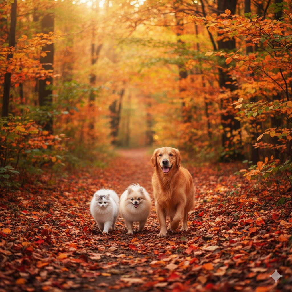 가을 단풍길 위를 함께 걷고 있는 고양이, 포메라니안, 골든 리트리버의 모습
