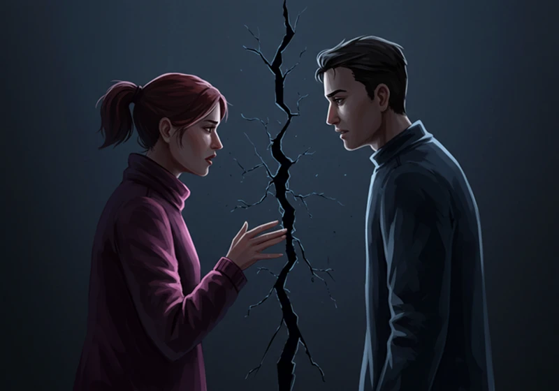 비난적인 대화로 인해 단절된 관계: 굳은 표정으로 서로를 외면하는 두 사람의 모습. 관계의 어려움과 갈등을 시각적으로 표현한 일러스트.