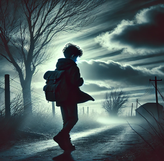 임무를 위해 어둡고 쓸쓸한 길을 떠나는 소년의 모습