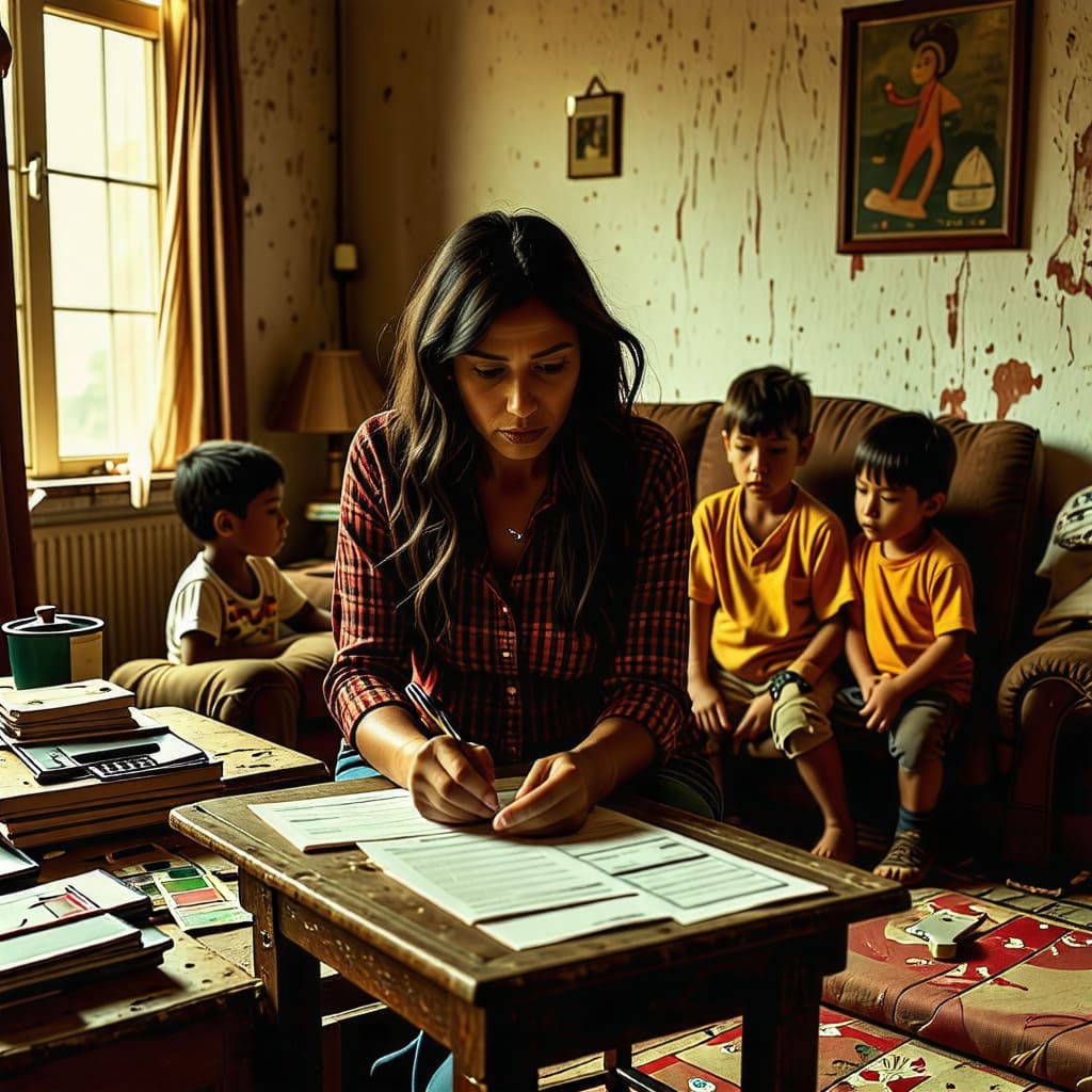 경제적 어려움을 겪고 있는 가족의 일상적인 모습.