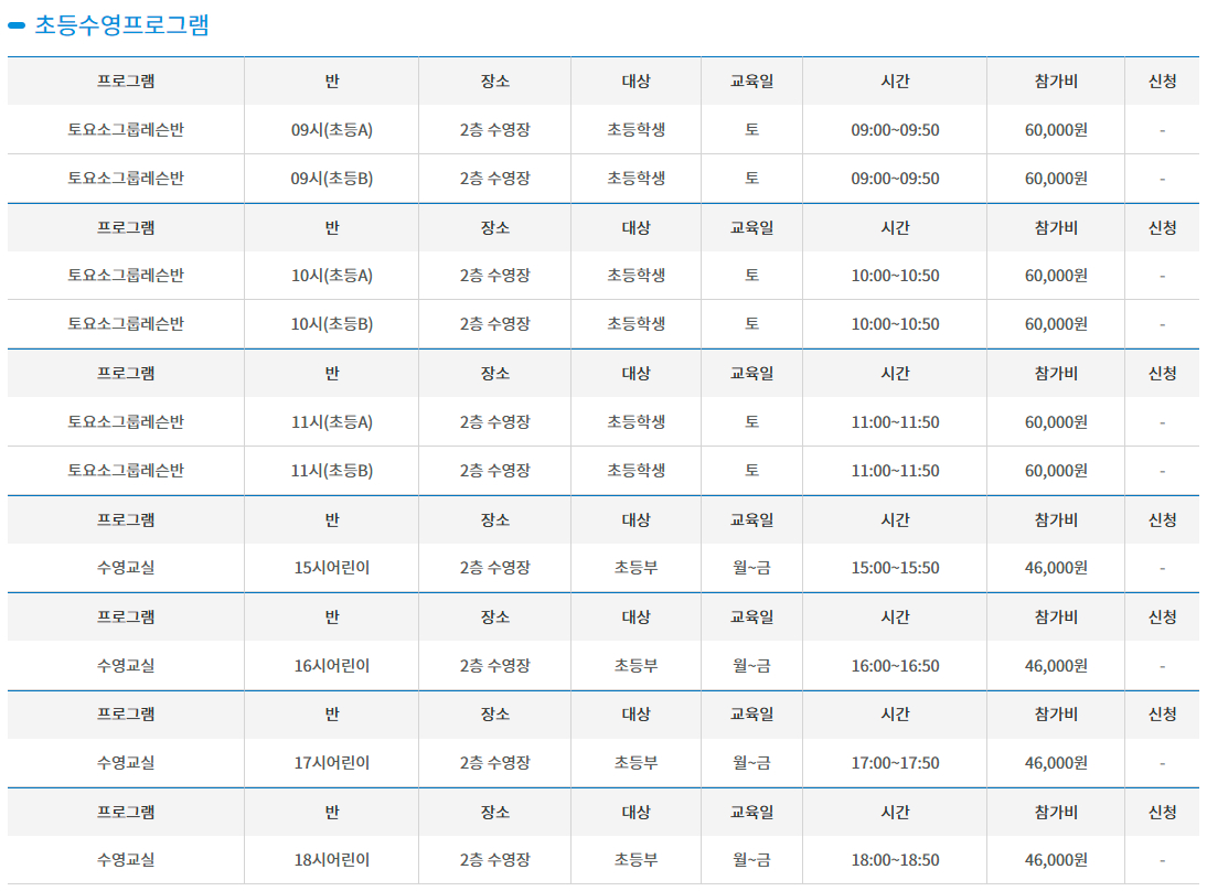 부산 북구국민체육센터 초등수영 교육일, 시간, 참가비 등 프로그램 안내
