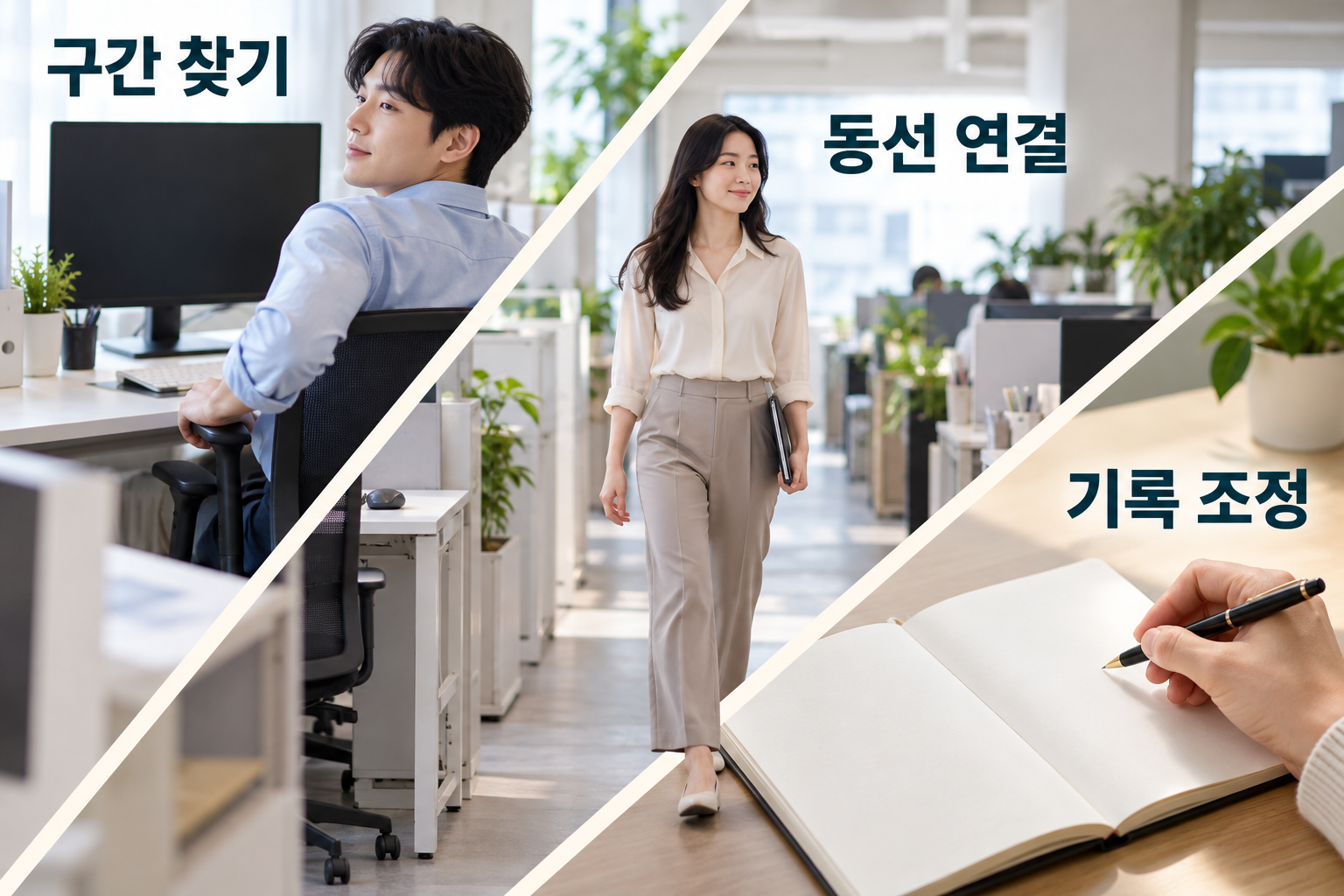 업무 전환&middot;안전한 통로&middot;기록을 새로운 대각선 구도로 연결한 실사 인포그래픽