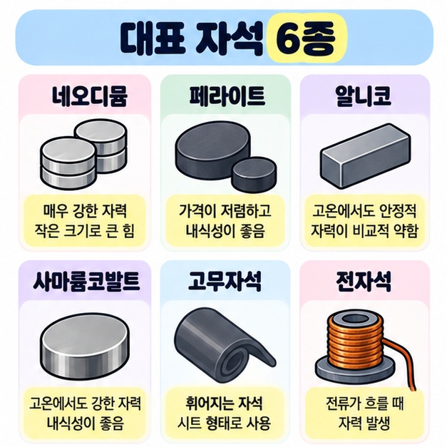 네오디뮴, 페라이트, 알니코, 사마륨코발트, 고무자석, 전자석의 특징과 대표 용도를 비교한 카드