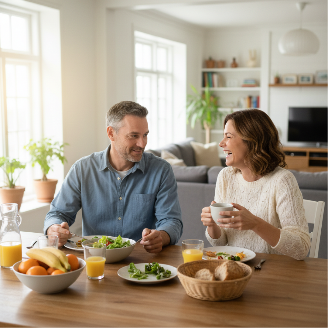 40대 남녀가 식탁 앞에서 균형 잡힌 식사를 하는 모습