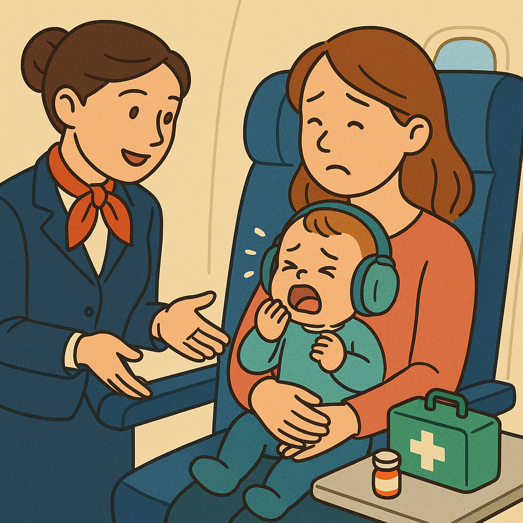 비행 중 아기 귀 통증, 어떻게 대처할까? 기내 응급 대응법부터 공항 의료지원 요청에 대한 이미지