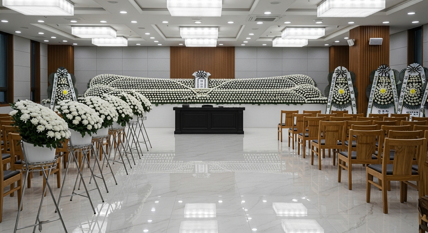 국화꽃이 놓인 조용한 장례식장 풍경