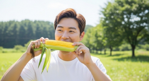 생으로 먹는 초당옥수수를 한 입 베어 먹는 한국 사람