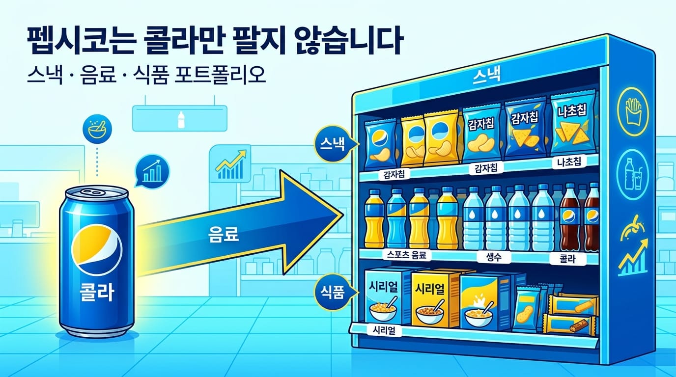 콜라에서 스낵과 음료 포트폴리오로 확장된 펩시코 사업 구조를 설명하는 인포그래픽