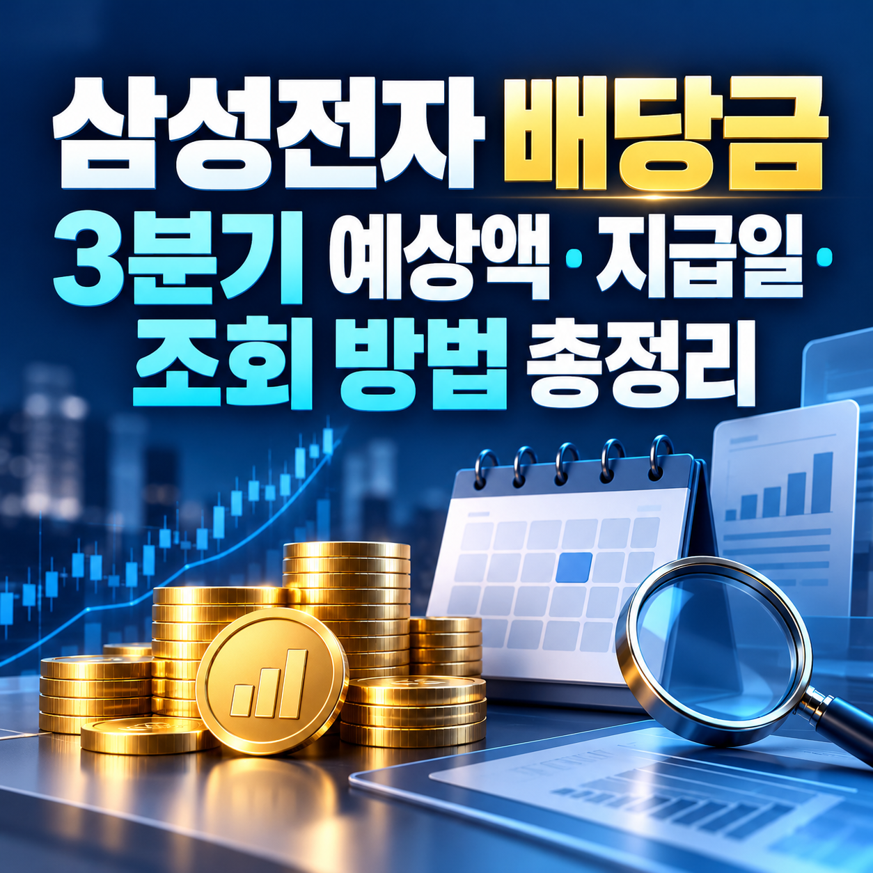 삼성전자 3분기 배당금 예상액과 지급일, 조회 방법을 소개하는 금융 인포그래픽 이미지 (배당금&middot;달력&middot;동전&middot;검색 아이콘 구성)