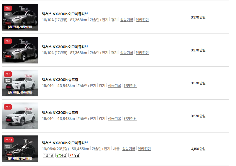 렉서스 NX 중고차 가격 시세표 연비