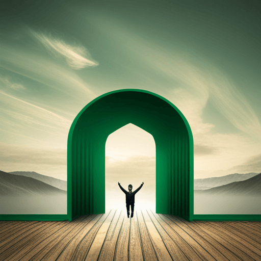 사람이 문 한 가운데서 손을 들고 있는 장면